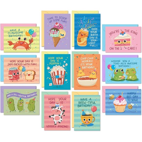 Funny Birthday Cards Bulk Set 24 Punny Cards with Envelopes for All Ages - Picture 1 of 7